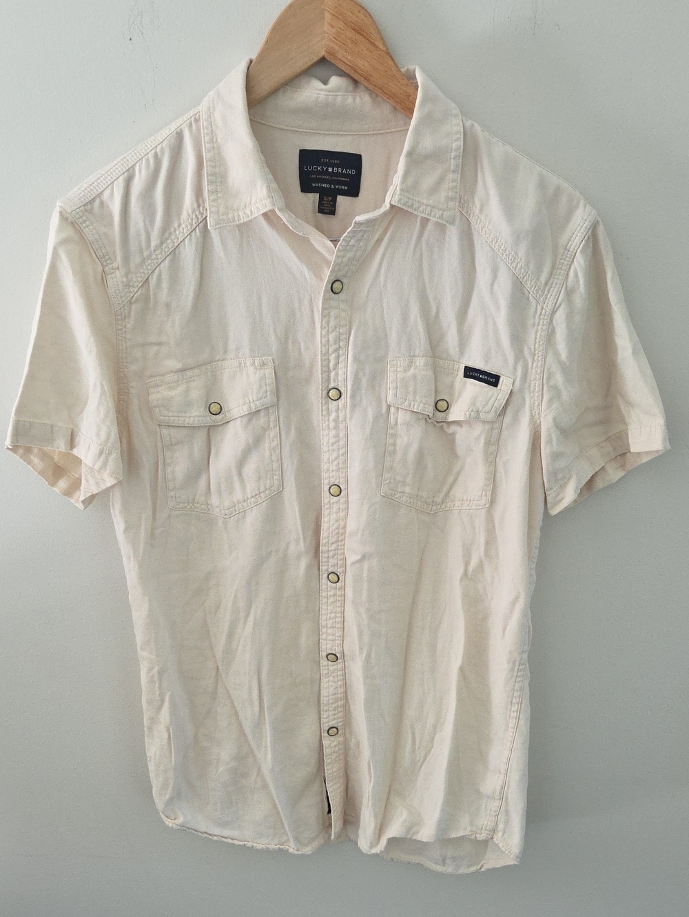 Lucky Brand Men's Ivory Short Sleeve Snap Close Button-Down Shirt